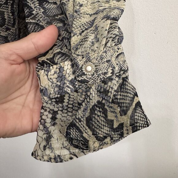 Zara Snake Print Blouse XS Sheer Chiffon V Neck Bling Cuff Button Work Sexy Top - Picture 9 of 14